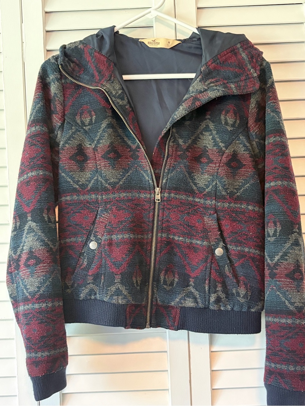 Hollister Aztec-Pattern Hooded Bomber Jacket - Navy & Burgundy